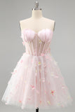 Blush Sweetheart Corset transparente Espartilho Borboleta Vestido de Regresso a Casa com Renda Levantada nas Costas