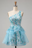 Vestido de Finalistas Azul Azul-Claro, Linha em A, Lantejoulas Com Folhos e Renda nas Costas