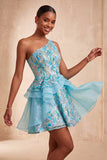 Vestido de Finalistas Azul Azul-Claro, Linha em A, Lantejoulas Com Folhos e Renda nas Costas