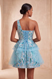 Vestido de Finalistas Azul Azul-Claro, Linha em A, Lantejoulas Com Folhos e Renda nas Costas