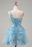Vestido de Finalistas Azul Azul-Claro, Linha em A, Lantejoulas Com Folhos e Renda nas Costas