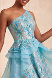 Vestido de Finalistas Azul Azul-Claro, Linha em A, Lantejoulas Com Folhos e Renda nas Costas