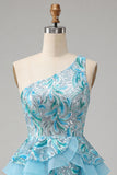 Vestido de Finalistas Azul Azul-Claro, Linha em A, Lantejoulas Com Folhos e Renda nas Costas