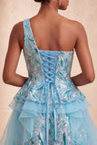 Vestido de Finalistas Azul Azul-Claro, Linha em A, Lantejoulas Com Folhos e Renda nas Costas