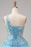 Vestido de Finalistas Azul Azul-Claro, Linha em A, Lantejoulas Com Folhos e Renda nas Costas