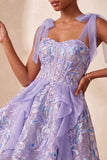 Espartilho A-Line cor-de-rosa, alças laçoadas, lantejoulas com folhos, vestido de regresso a casa com renda nas costas