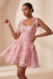 Espartilho A-Line cor-de-rosa, alças laçoadas, lantejoulas com folhos, vestido de regresso a casa com renda nas costas