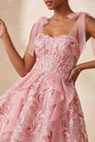 Espartilho A-Line cor-de-rosa, alças laçoadas, lantejoulas com folhos, vestido de regresso a casa com renda nas costas