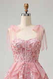 Espartilho A-Line cor-de-rosa, alças laçoadas, lantejoulas com folhos, vestido de regresso a casa com renda nas costas