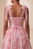 Espartilho A-Line cor-de-rosa, alças laçoadas, lantejoulas com folhos, vestido de regresso a casa com renda nas costas