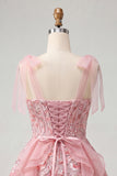 Espartilho A-Line cor-de-rosa, alças laçoadas, lantejoulas com folhos, vestido de regresso a casa com renda nas costas