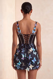 Bodycon Blush Corset Borboleta Pérola Aplique Renda Nas Costas Vestido de Regresso a Casa com Faixa