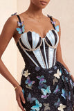 Bodycon Blush Corset Borboleta Pérola Aplique Renda Nas Costas Vestido de Regresso a Casa com Faixa