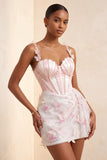 Bodycon Blush Corset Borboleta Pérola Aplique Renda Nas Costas Vestido de Regresso a Casa com Faixa