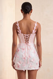 Bodycon Blush Corset Borboleta Pérola Aplique Renda Nas Costas Vestido de Regresso a Casa com Faixa