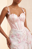 Bodycon Blush Corset Borboleta Pérola Aplique Renda Nas Costas Vestido de Regresso a Casa com Faixa