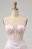 Bodycon Blush Corset Borboleta Pérola Aplique Renda Nas Costas Vestido de Regresso a Casa com Faixa