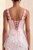 Bodycon Blush Corset Borboleta Pérola Aplique Renda Nas Costas Vestido de Regresso a Casa com Faixa