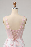 Bodycon Blush Corset Borboleta Pérola Aplique Renda Nas Costas Vestido de Regresso a Casa com Faixa