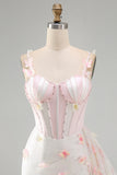 Bodycon Blush Corset Borboleta Pérola Aplique Renda Nas Costas Vestido de Regresso a Casa com Faixa