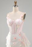 Bodycon Blush Corset Borboleta Pérola Aplique Renda Nas Costas Vestido de Regresso a Casa com Faixa