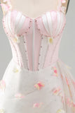 Bodycon Blush Corset Borboleta Pérola Aplique Renda Nas Costas Vestido de Regresso a Casa com Faixa