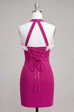 Fúcsia Bodycon com decote caber com folhos e renda para trás e vestido de misssangas
