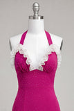 Fúcsia Bodycon com decote caber com folhos e renda para trás e vestido de misssangas