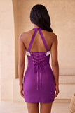 Fúcsia Bodycon com decote caber com folhos e renda para trás e vestido de misssangas