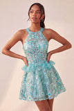 Vestido de regresso a casa com escote azul Lake Shorter Cabeça com decote A-Line com folhos e renda nas costas