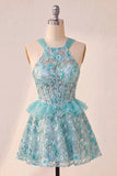 Vestido de regresso a casa com escote azul Lake Shorter Cabeça com decote A-Line com folhos e renda nas costas