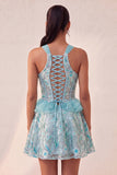 Vestido de regresso a casa com escote azul Lake Shorter Cabeça com decote A-Line com folhos e renda nas costas
