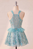 Vestido de regresso a casa com escote azul Lake Shorter Cabeça com decote A-Line com folhos e renda nas costas