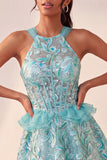 Vestido de regresso a casa com escote azul Lake Shorter Cabeça com decote A-Line com folhos e renda nas costas