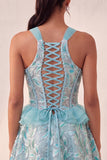 Vestido de regresso a casa com escote azul Lake Shorter Cabeça com decote A-Line com folhos e renda nas costas