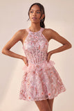 Vestido de regresso a casa com escote azul Lake Shorter Cabeça com decote A-Line com folhos e renda nas costas
