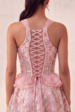 Vestido de regresso a casa com escote azul Lake Shorter Cabeça com decote A-Line com folhos e renda nas costas