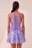 Vestido de regresso a casa com escote azul Lake Shorter Cabeça com decote A-Line com folhos e renda nas costas