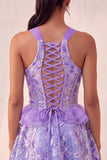 Vestido de regresso a casa com escote azul Lake Shorter Cabeça com decote A-Line com folhos e renda nas costas