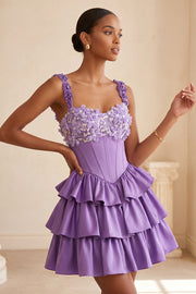 Espartilho roxo claro em linha A com renda em camadas, vestido floral floral com contas
