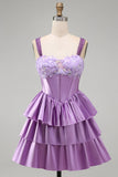 Espartilho roxo claro em linha A com renda em camadas, vestido floral floral com contas