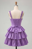 Espartilho roxo claro em linha A com renda em camadas, vestido floral floral com contas