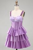 Espartilho roxo claro em linha A com renda em camadas, vestido floral floral com contas