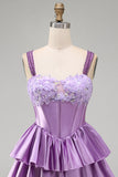 Espartilho roxo claro em linha A com renda em camadas, vestido floral floral com contas