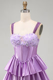 Espartilho roxo claro em linha A com renda em camadas, vestido floral floral com contas