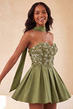 Vestido de Finalistas Florais com Misangas em Linha Azeitona e Renda nas Costas