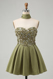 Vestido de Finalistas Florais com Misangas em Linha Azeitona e Renda nas Costas