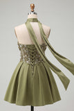 Vestido de Finalistas Florais com Misangas em Linha Azeitona e Renda nas Costas