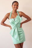 Bodycon Mint Green Minter Necker Neck, renda de cetim com renda nas costas e vestido de laço