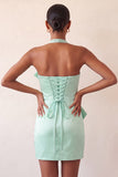 Bodycon Mint Green Minter Necker Neck, renda de cetim com renda nas costas e vestido de laço